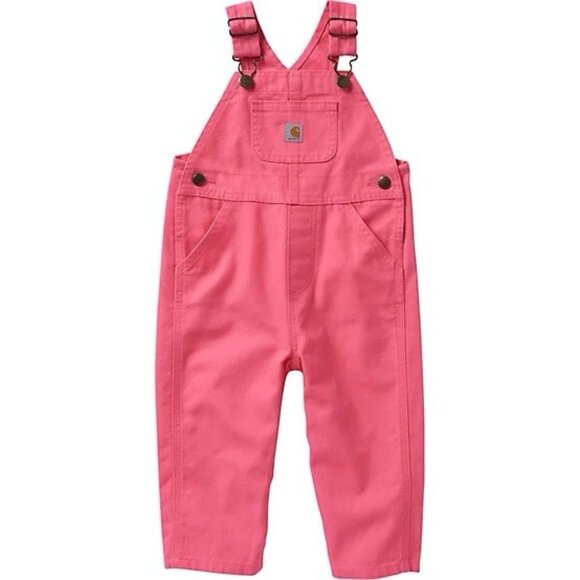 Carhartt Girls' Loose Fit Canvas Bib Overalls Solid Pink Lemonade Size 4T Stains - Picture 1 of 8
